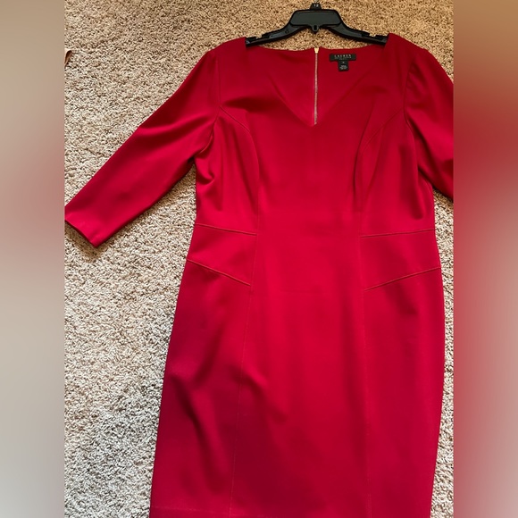Lauren by Ralph Lauren Red Structured  & Fitted V Neck Dress Size 18 - Picture 13 of 16